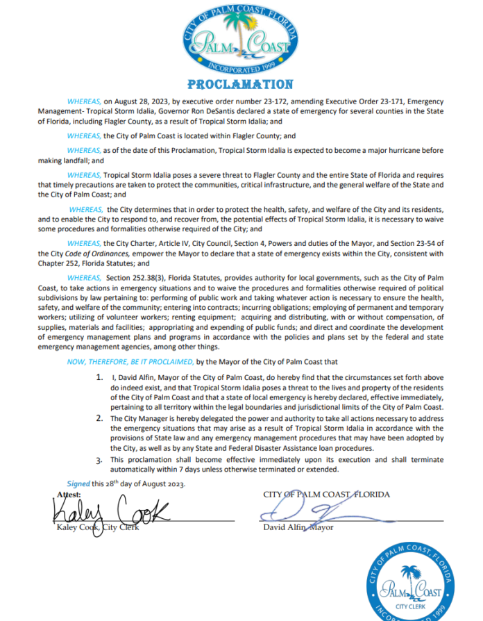 Mayor Alfin Signs Emergency Proclamation for City of Palm Coast ...