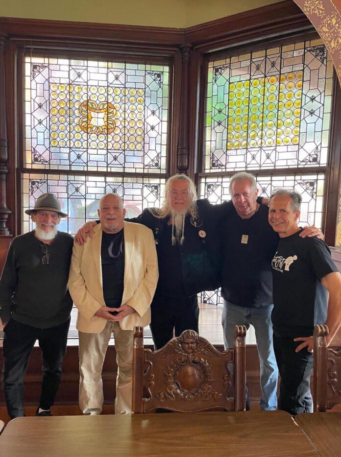 5 Beat Poet Laureates at 2024 PoetFest (L–R) Chris Vannoy, George Wallace, Ron Whitehead, Larry Jaffe, Chris Bodor. Photo Shelley Jaffe